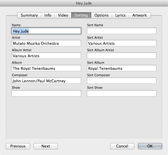 example soundtrack sorting options