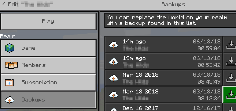 Realm Backups screen