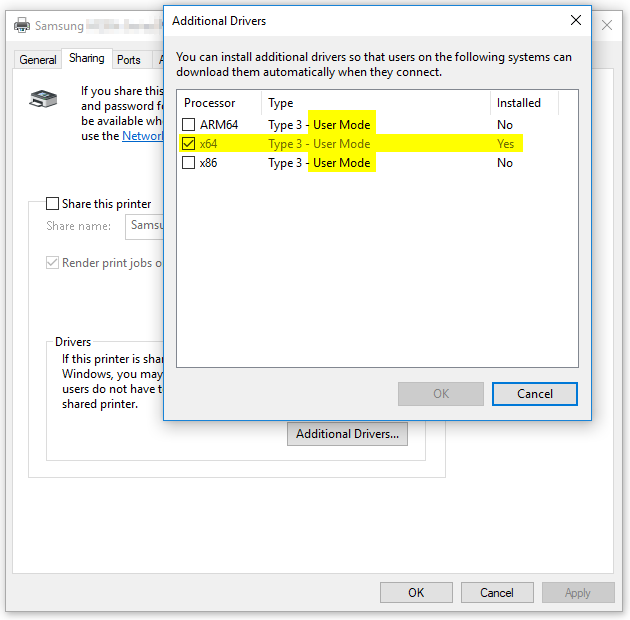 Additional Drivers dialog