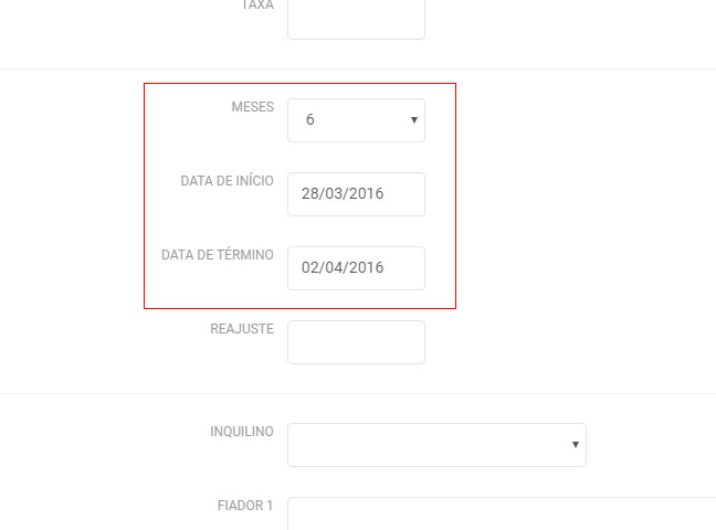 Formulário que mostra uma data inicial e um acréscimo em meses. Logo abaixo, uma data de término, calculada em função da data inicial e do acréscimo