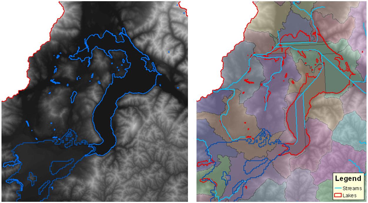 Left: DEM with lakes; Right: Generated subwatershed with strange river shapes across the lake 