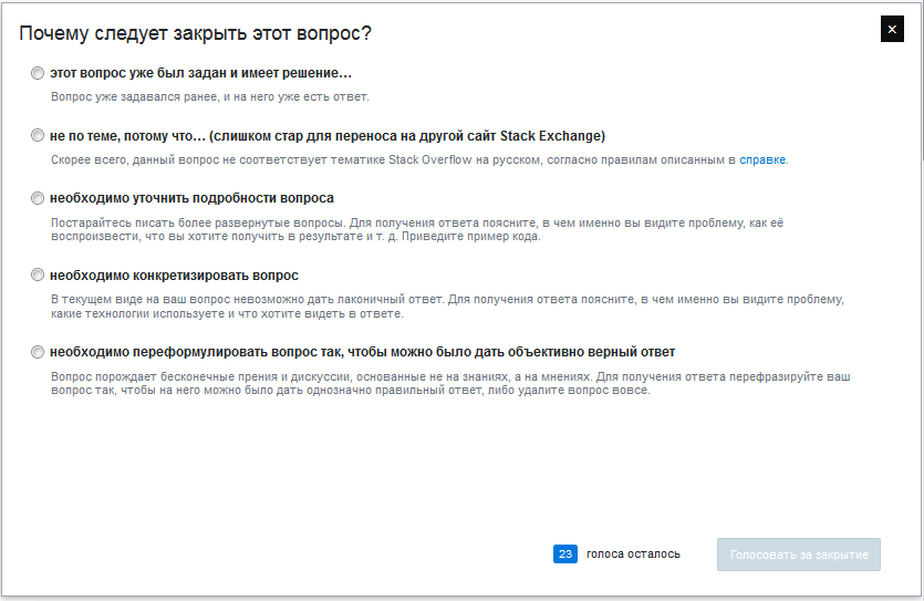 Диалог закрытия вопроса