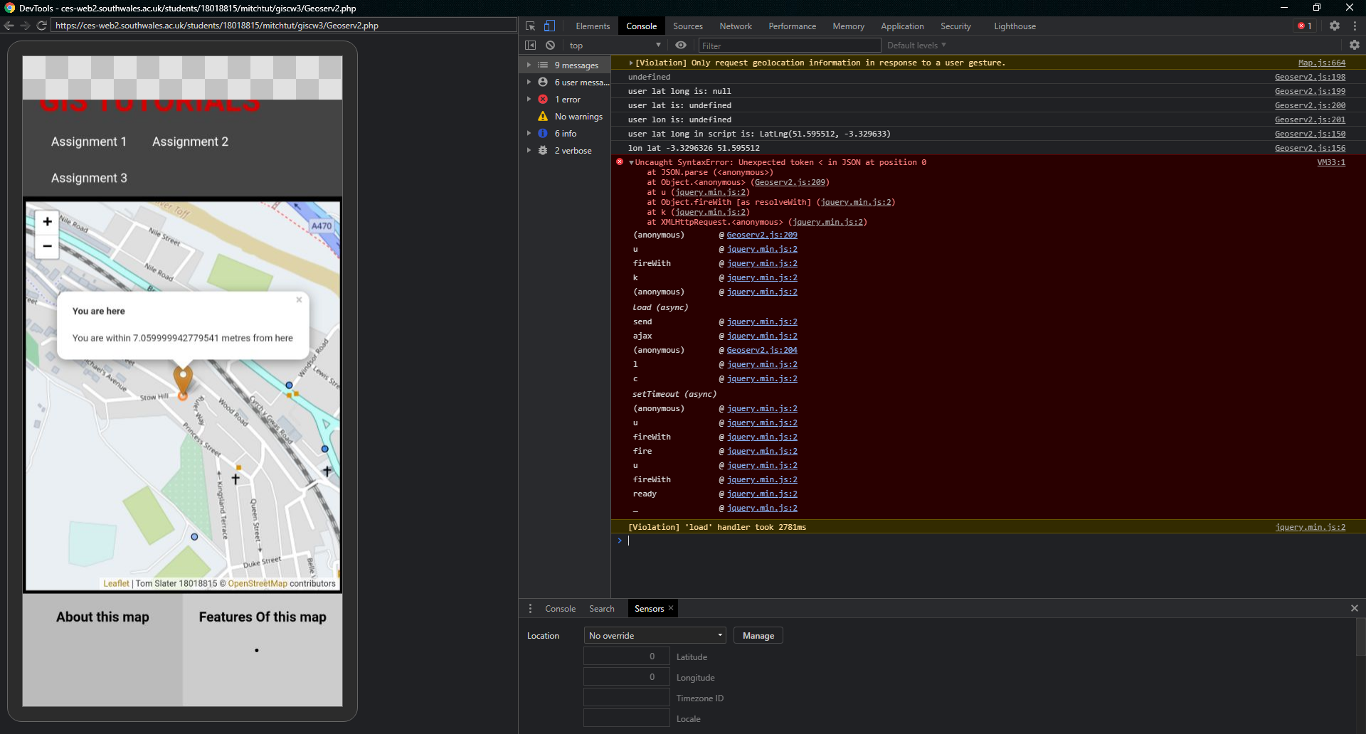 Mobile Phone Dev tools showing successful location grab