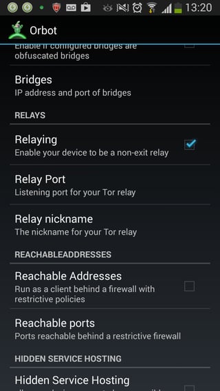 Screenshot of the Orbot Settings screen