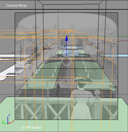 Blender screenshot showing vanishing lines, reference photo, and ground features