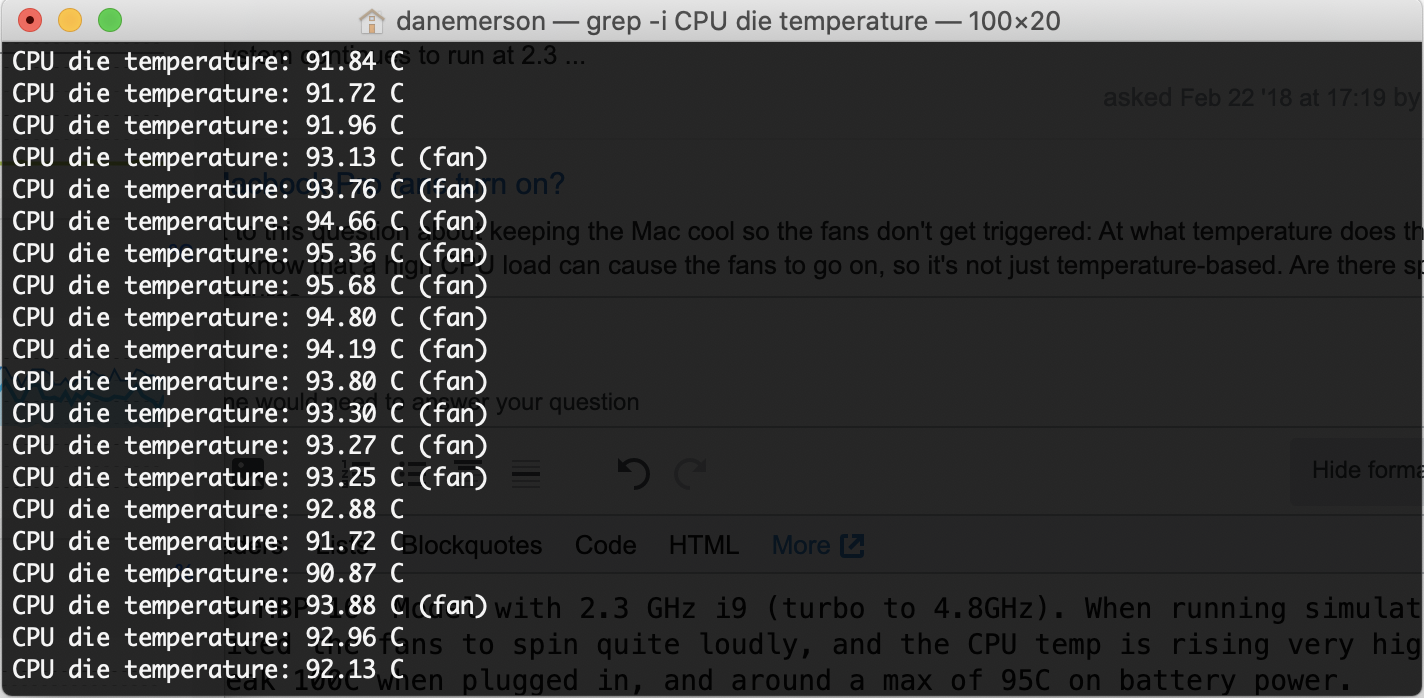 Sample of Late 2019 MBP 16" i9 CPU temps when running on battery power