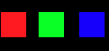 equidistant vertically centered red, green, and blue square on a black background