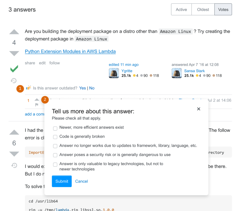 Screenshot of prompt that asks, "Is this answer outdated?"