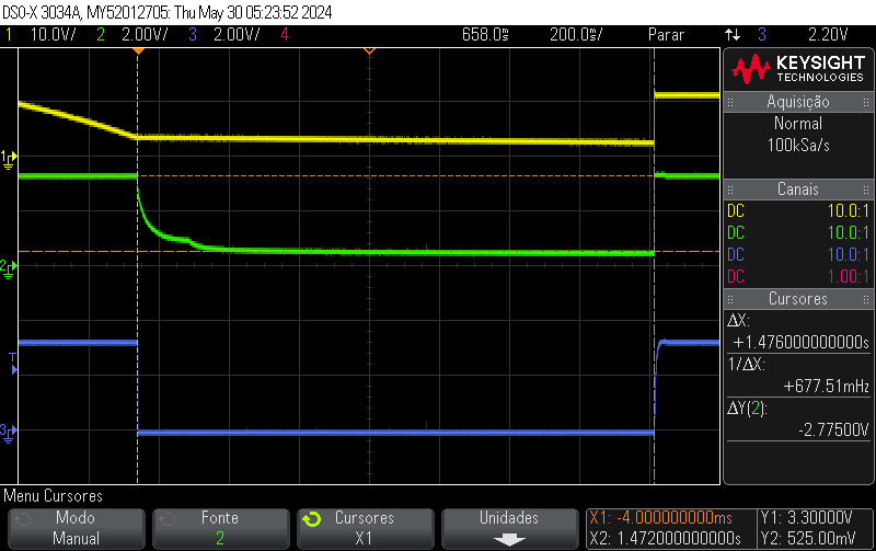 Switching off the 12V supply. After 1.5s the 3V3 line still with 500mV and this is enough to prevent the startup