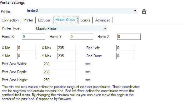 Repetier GUI: Printer Shape Tab