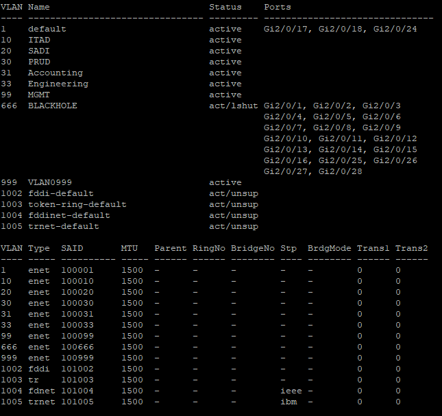 show vlan brief in cisco terminal