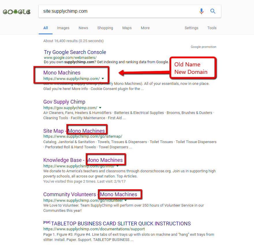 Google SERPs with Wrong Domain Name