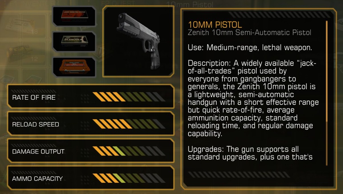 Deus EX HR screenshot of pistol weapon information