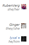 A screenshot of three chat user profiles, with pronouns under their usernames