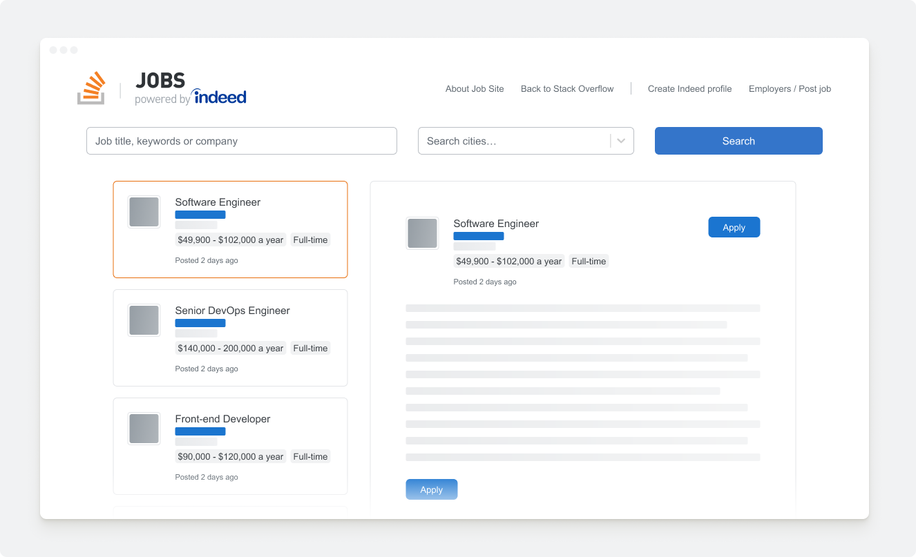 mockup of Stack Overflow Jobs powered by Indeed home page