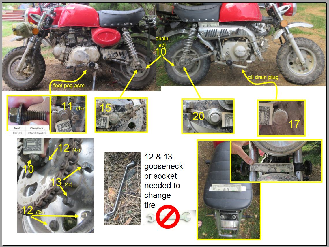 bolt sizes for skyteam skymini st-50 monkey bike