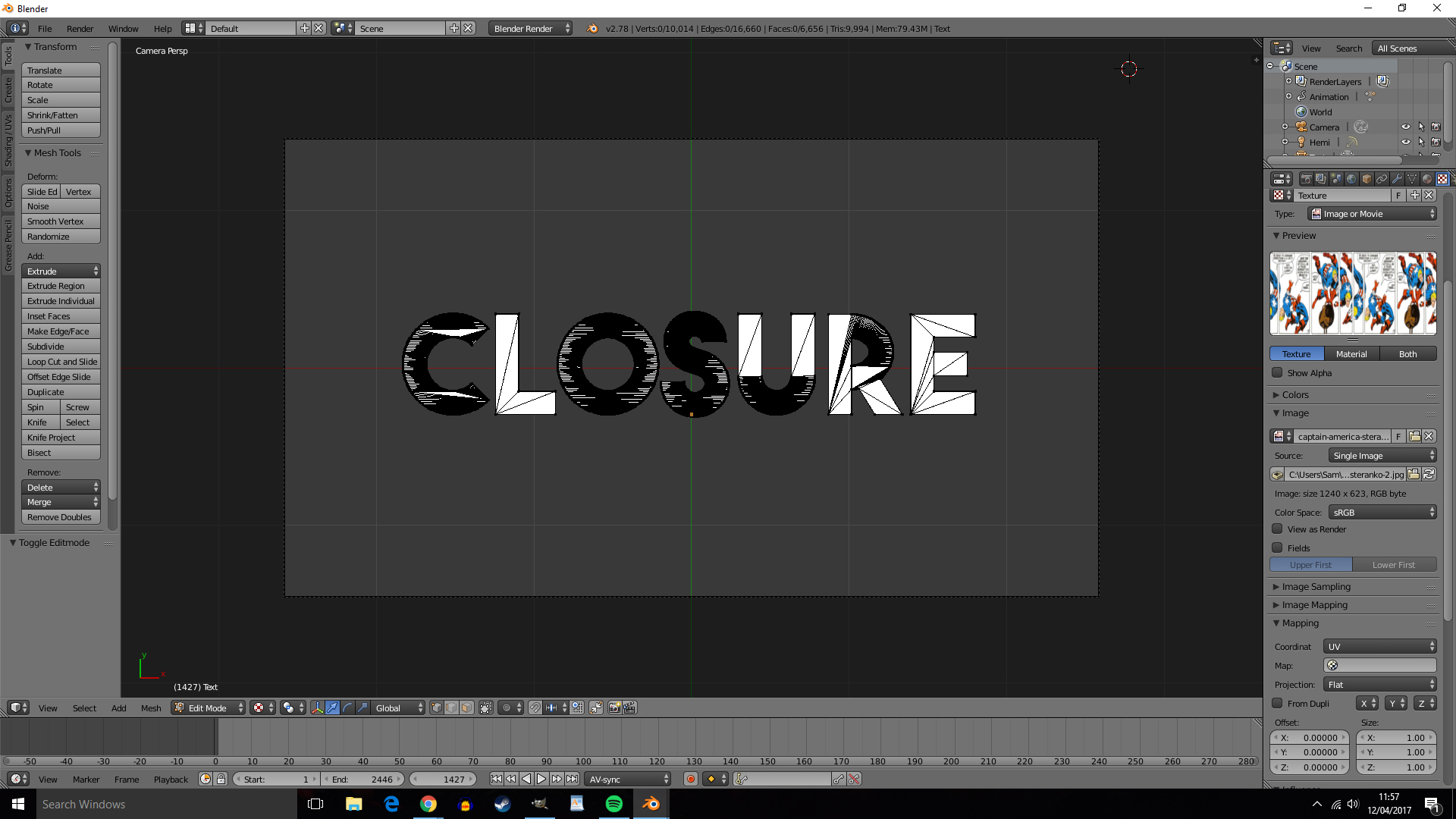 text in edit mode in 3D view and texture panel to the right