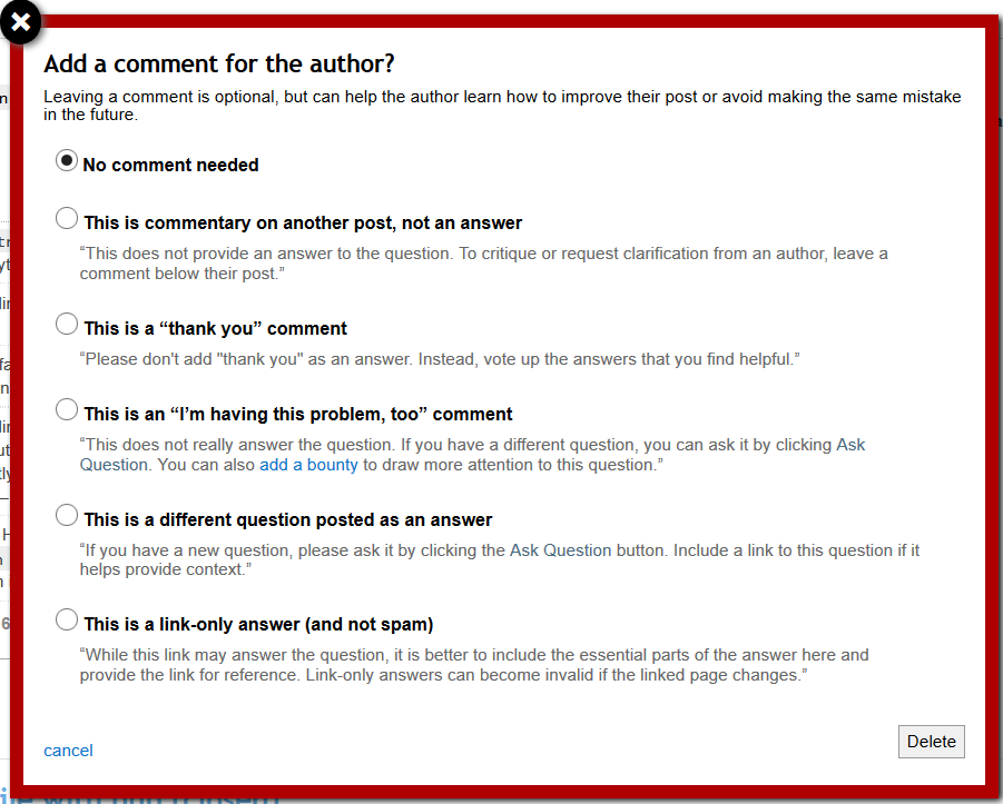 screenshot of the low-quality recommended deletion comments