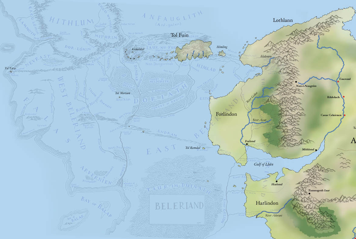 A map superimposing the sunken Beleriand onto Western Middle-earth