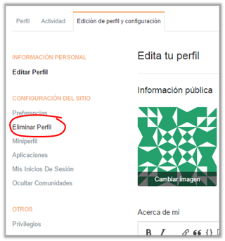 Opción para "eliminar perfil"