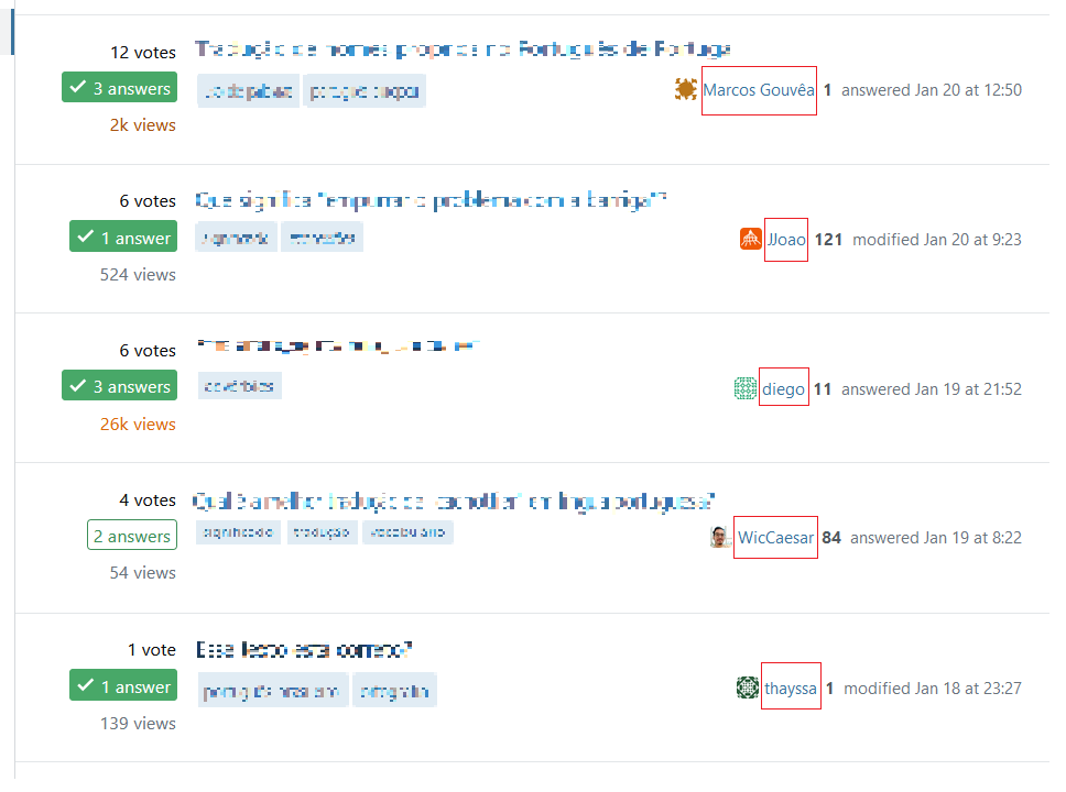 screenshot of question listing with usernames higlighted
