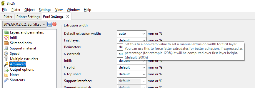 Slic3r Print Settings GUI