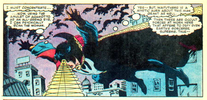 Dr. Strange scans using the Amulet of Agamotto, he notices there is a mystic aura about a man: Moon Knight