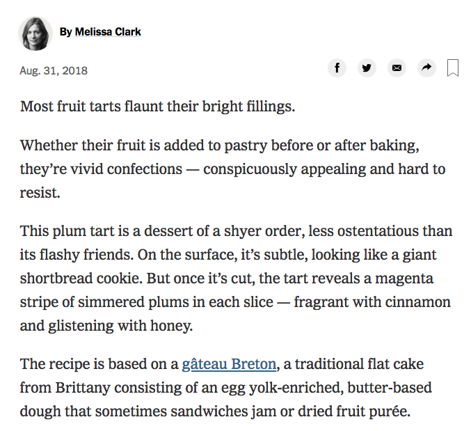 plum-tart recipe description from the New York Times, 2018-09-01