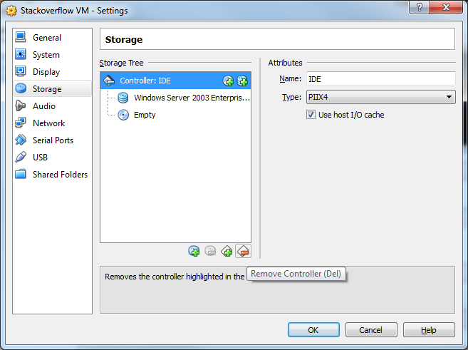 选择 IDE 控制器和 <code>Remove Controller</code> 按钮。