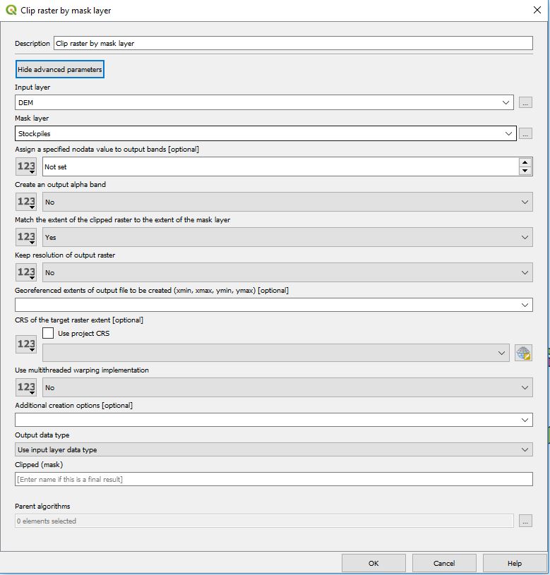 GDAL Extract by Mask interface within graphical modeller 