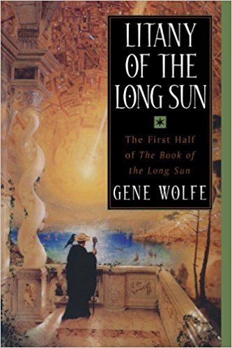 *Litany of the Long Sun* cover image from Amazon, showing a man in the foreground on a balcony looking out at a cylindrical world, with buildings and boats in the lower mid-ground and more cityscape wrapping around the top of the image in the far distance, with a laser-like light shooting down the middle of the cylinder.