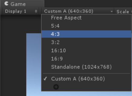 Screenshot of Unity Editor showing resolution controls in Game View.