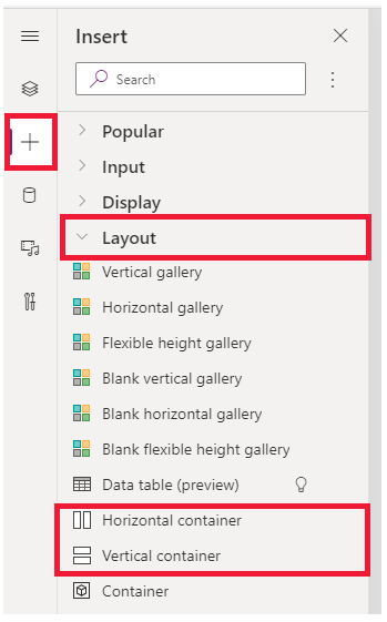 Power Apps add vertical and horizontal container