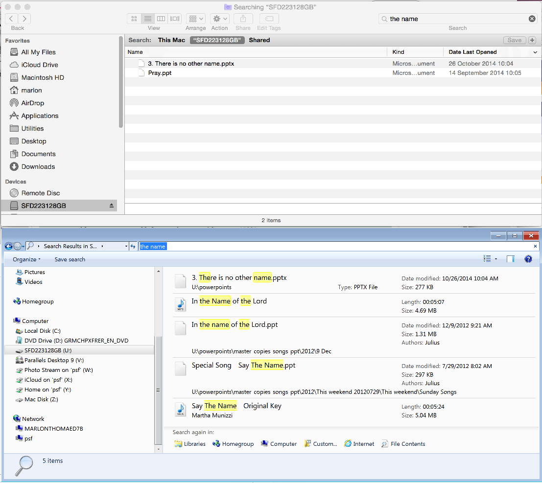 same search - one in Finder, the other in Windows Explorer : Two different results