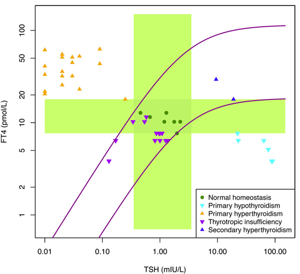 Distribution of hormone concentrations in certain primary and secondary thyroid conditions compared to normal percentiles of SPINA-GT [from https://doi.org/10.3389/fendo.2016.00057]