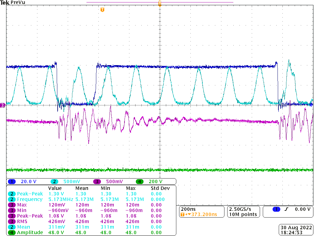 Oscillations in inverting amplifier output, OPA350U, light blue.