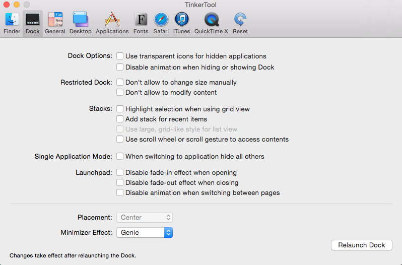 TinkerTool Dock Settings