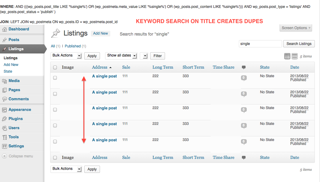 Unfortunately the code creates duplicates on non-meta matches, in this case on post title