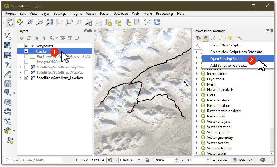 screenshot: select extents layer, open script