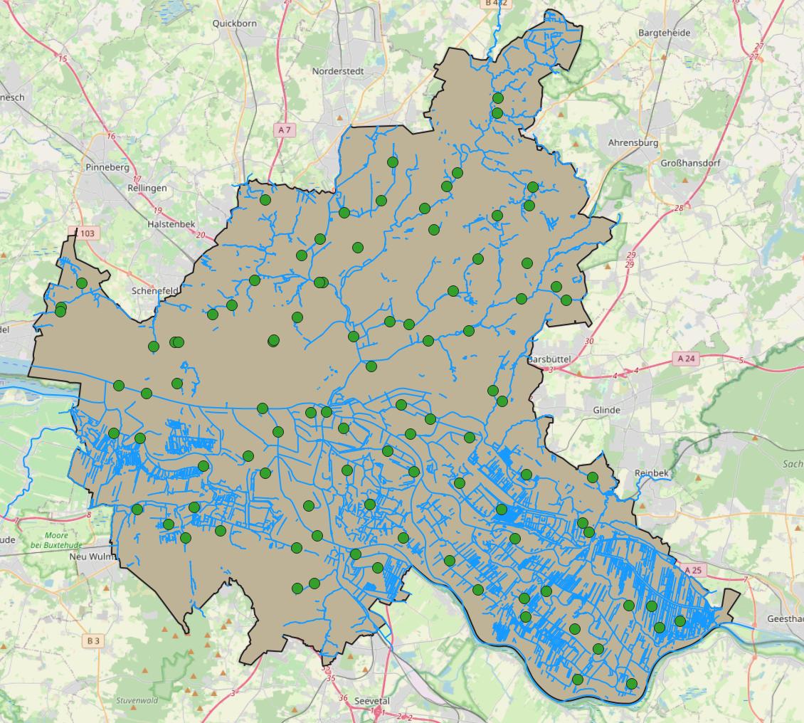 result after running first part of model, background map: OpenStreetMap contributors