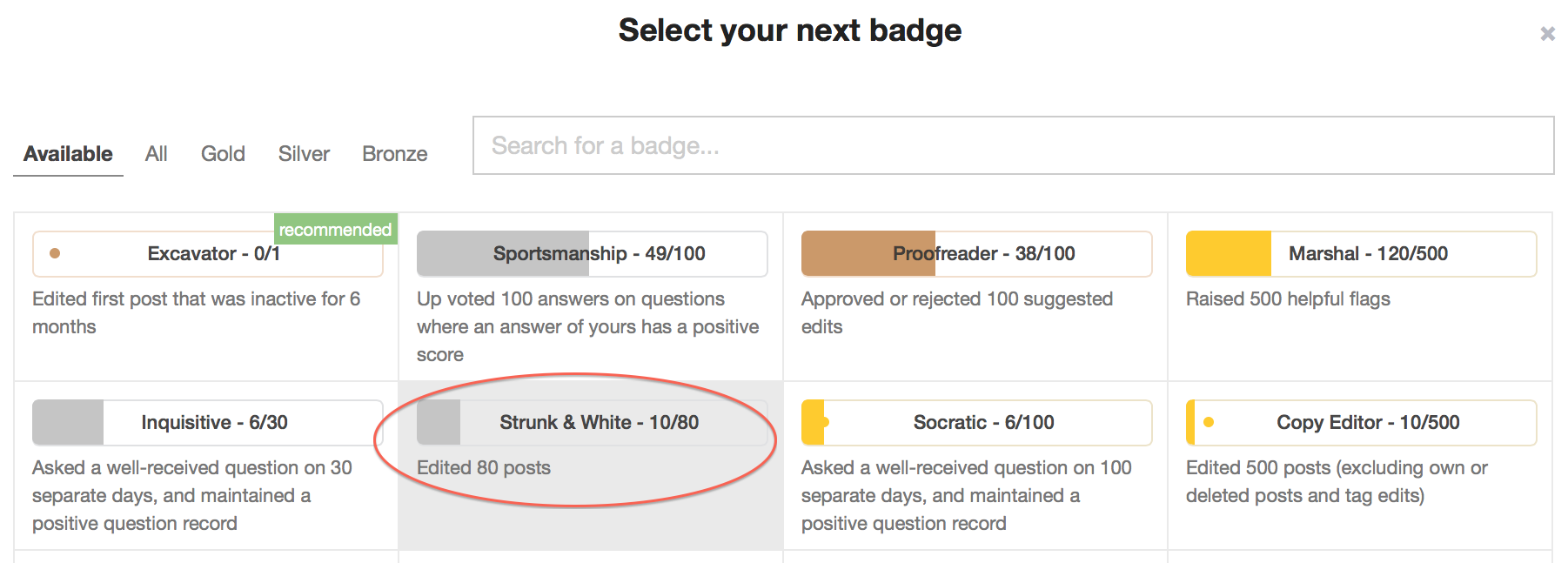 Picture of the badge tracker badge selection screen