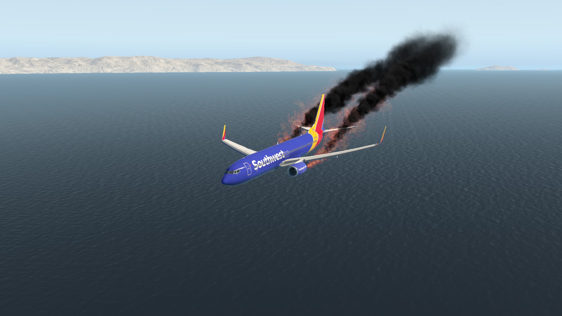 a 737 with dual engine fire headed into the ocean