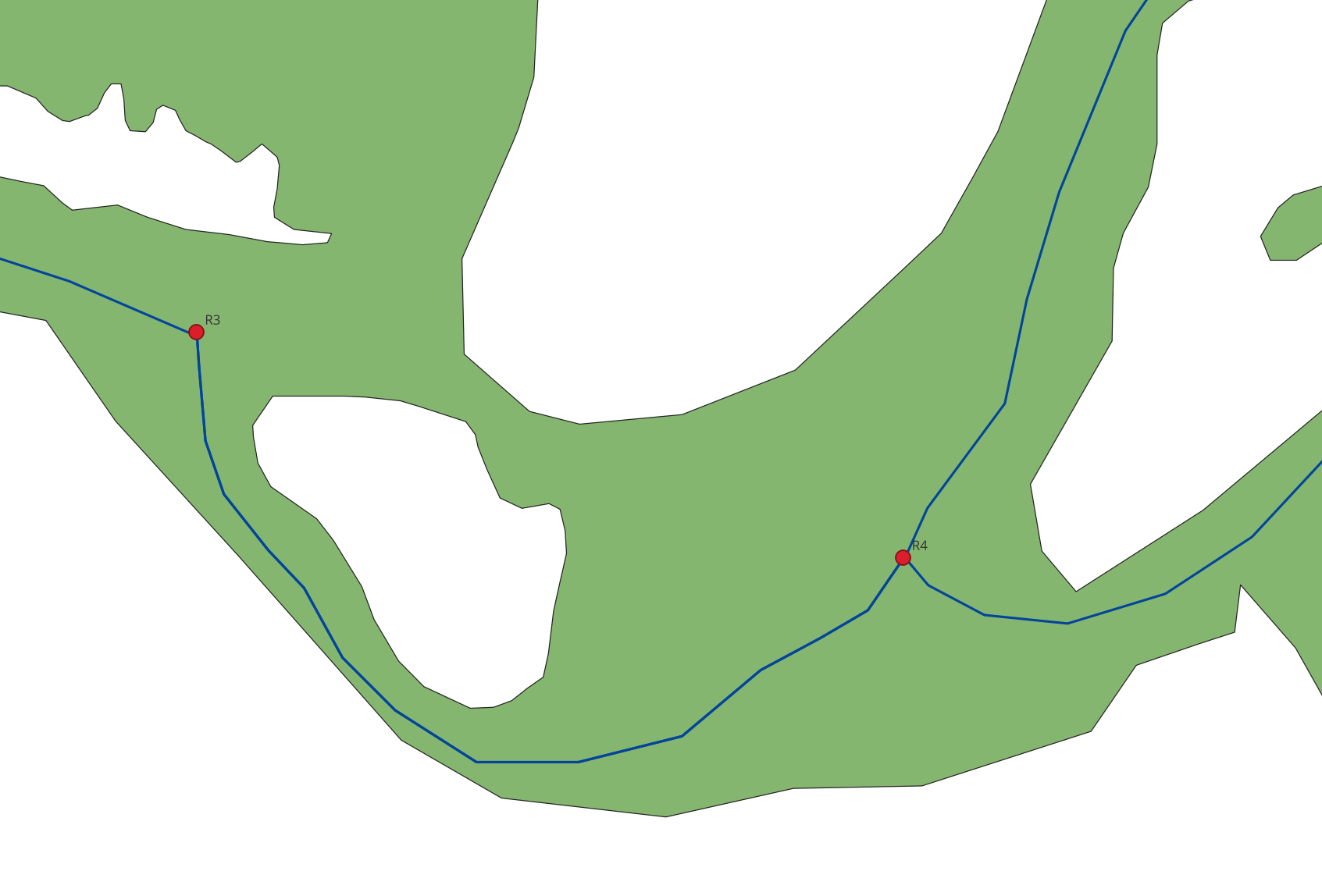 Screenshot of river system and an example line (between points R3 and R4)