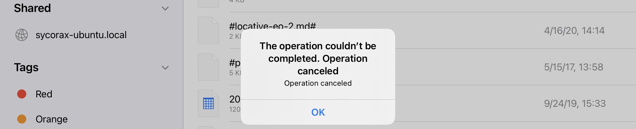 A cropped screenshot showing an error panel reading, “The operation couldn’t be completed. Operation canceled // Operation canceled // OK”