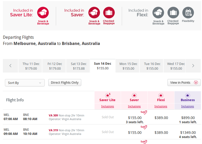 Virgin Australia booking