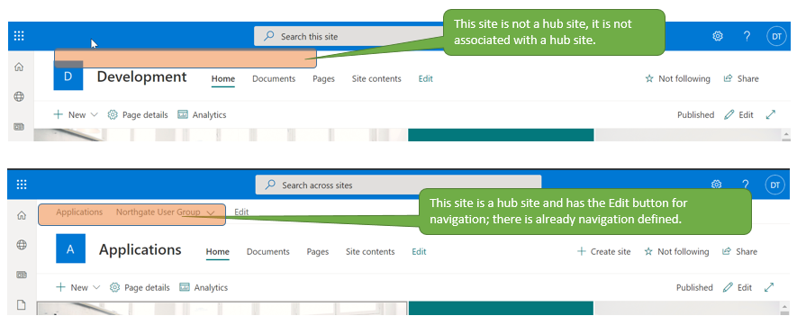 pic of two sites, one that has top bar navigation (it's a hub site), the other site has no nav options