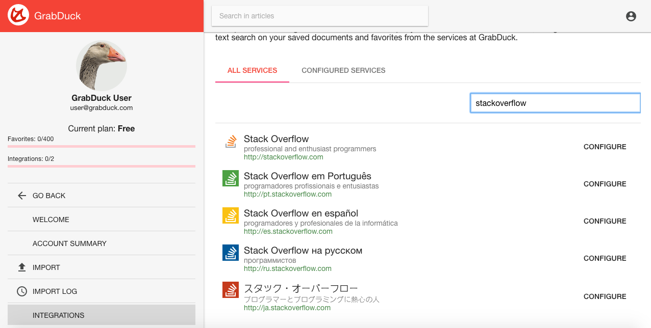 GrabDuck setting up sync with StackOverflow