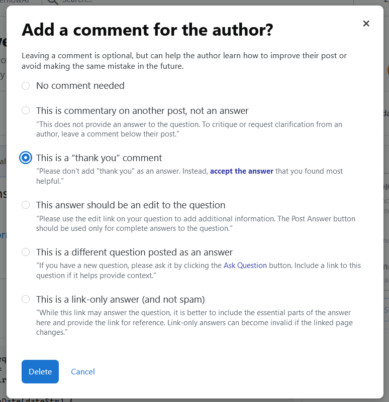 Low quality answers self-post comment options