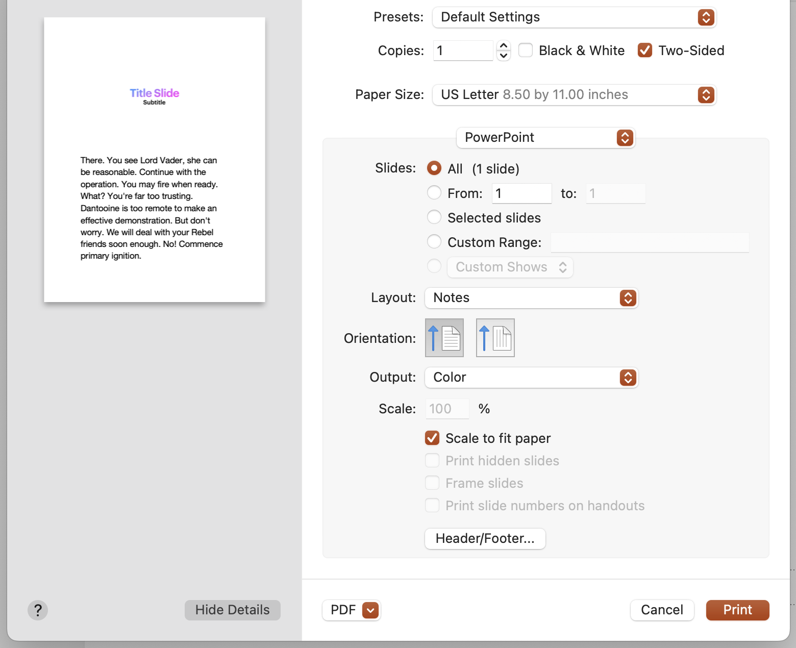 Powerpoint print dialog