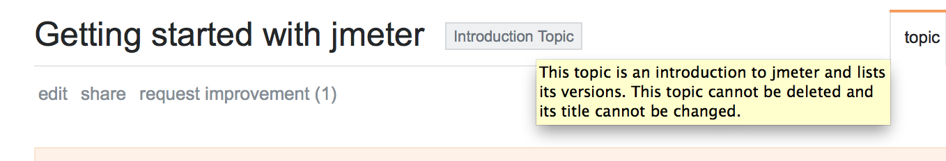 "This topic is an introduction to jmeter and lists its versions. This topic cannot be deleted and its title cannot be changed.